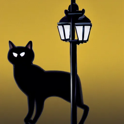 Prompt: a digital painting of a black cat sitting under a light post at night, highly detailed digital art, artstation