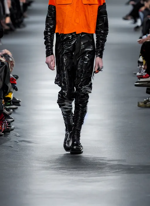 Image similar to hyperrealistic and heavy detailed balenciaga avant garde runway show of jason voorhees, leica sl 2 5 0 mm, vivid color, high quality, high textured, real life, full body in shot, far distance, thunder storm