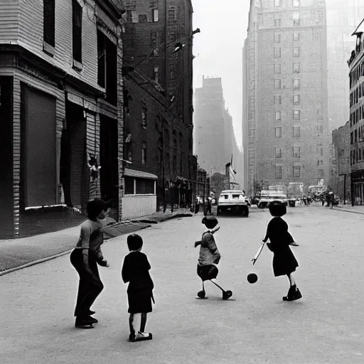 Prompt: kids playing stick ball on new york city street in 1 9 3 0 s, photorealistic, photograph, diane arbus,