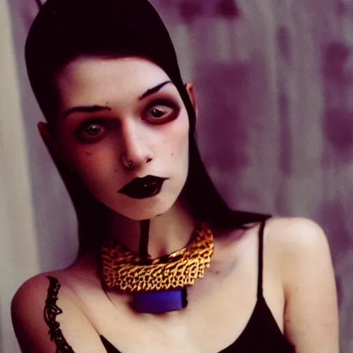 Image similar to medium shot, color slide Kodak Ektachrome E100, studio photographic portrait of Death as a young, attractive, gorgeous, friendly, amicable, pale, porcelain looking skin, goth, girl around 20 years old, wears a Ankh Necklace, casual black clothes, golden hour, Nikon camera, 75mm lens, f/2.8 aperture, HD, hi-res, hi resolution, deep depth of field, sharp focus, rich deep moody colors, masterpiece image, intricate, realistic, elegant, highly detailed, Shutterstock, Curated Collections, Sony World Photography Awards, Pinterest, by Annie Leibovitz