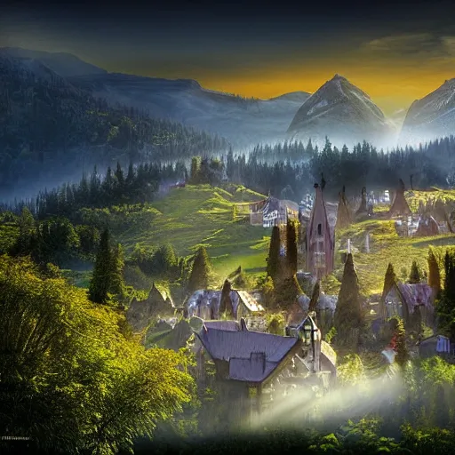 Image similar to magical academy on a mountain, town below, mist, mystical, happy, sunshine, realistic, by bagshaw, tom