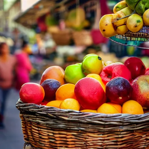 Prompt: Basket full of Peruvian seasonal fruit, fruit market in the background, god rays pass through the window, high quality photography, 4k