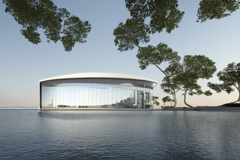 Image similar to a building formed by the combination of many white spherical spaces and boolean, on the calm lake, people's perspective modern curved architecture, future, wood, marble, metal award winning, highly detailed 4 k art, dusk, unreal engine highly rendered, global illumination, radial light, internal environment by kazuyo sejima