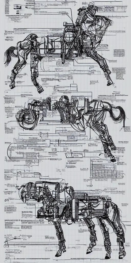 Prompt: robotic cowboy axonometric blueprint, plans, infographic, year 1850