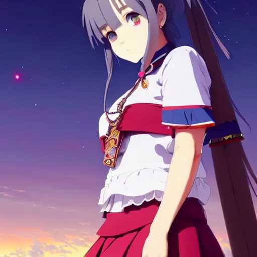 Image similar to a beautiful! plus sized instagram model, wearing catholic school girl outfit with mayan pattern and native style, jrpg aztec street fashion, gapmoe yandere grimdark, trending on pixiv fanbox, painted by greg rutkowski makoto shinkai takashi takeuchi studio ghibli, akihiko yoshida