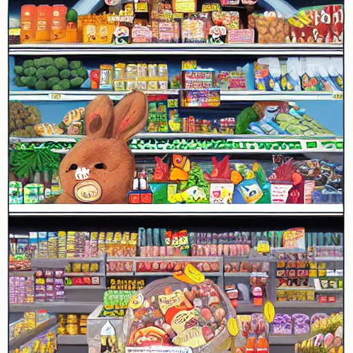 Image similar to an incredibly realistically drawn grocery store with a giant fat cartoon rabbit scp inside.