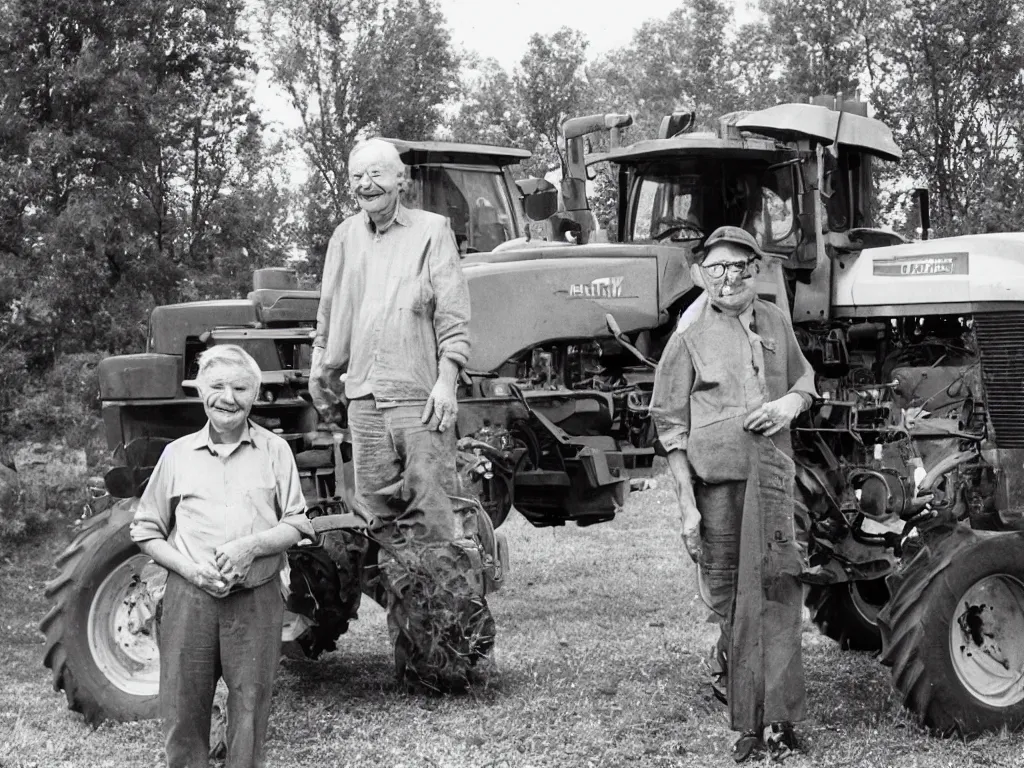 Image similar to happy finnish grandpa posing next to his new valmet - tractor smiling to the camera, 1 9 6 6, home album pocket camera photo, detailed facial features, hyper realistic