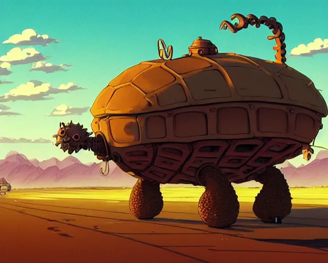 Prompt: a cell shaded cartoon giant lovecraftian mechanized turtle from howl's moving castle ( 2 0 0 4 ), with a big head, on a desert road, full body, illustration, wide shot, golden hour, post grunge, concept art by josan gonzales, wlop, by james jean, victor ngai, hq, deviantart, art by artgem