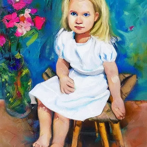 Image similar to A beautiful painting of a small girl with blonde hair, blue eyes, and a white dress sitting on a stool with her feet in a bucket of water. She has a serious look on her face as she stares at the water. cow print by Raymond Swanland, by Charles Camoin insane