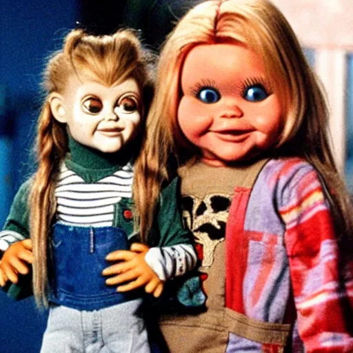 Image similar to the olsen twins from full house holding chucky the evil killer doll from the movie child's play on an episode of full house