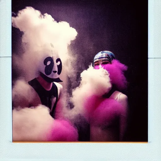 Image similar to polaroid of dancers that are made from cotton candy, smoke and clouds, wearing giant paper masks, mix, DADA collage, texture, lomography, fashion neon light