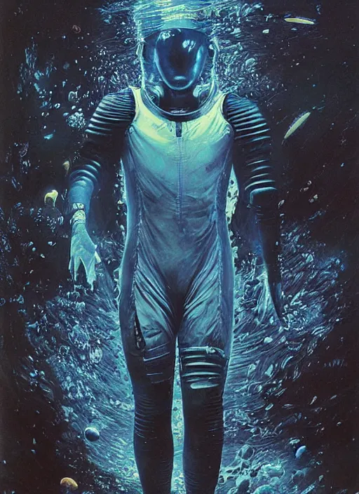 Image similar to astronaut in dark void underwater - complex and hyperdetailed technical suit design. reflection and dispersion materials. rays and dispersion of light. volumetric light. f / 3 2. noise film photo. flash photography. ultra realistic, 5 0 mm. poster by wayne barlowe, hajime sorayama aaron horkey, craig mullins