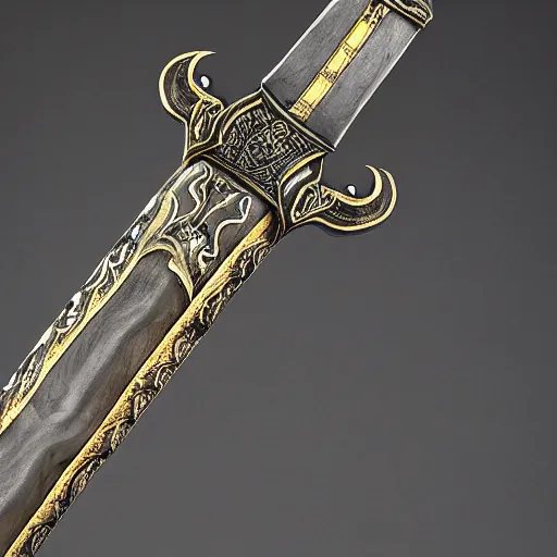 Prompt: photograph of an ornate fantasy sword with a zig-zag shaped blade