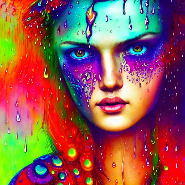 Image similar to bright psychedelic portrait with rain on face and wet hair, wings, smiling, diffuse lighting, fantasy, intricate, elegant, highly detailed, lifelike, photorealistic, digital painting, artstation, illustration, concept art, smooth, sharp focus, art by John Collier and Albert Aublet and Krenz Cushart and Artem Demura and Alphonse Mucha