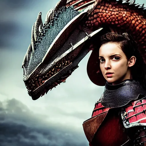 Image similar to a beautiful female knight without any battle experience who only wanted to see a dragon, symmetrical, cinematic, real photography