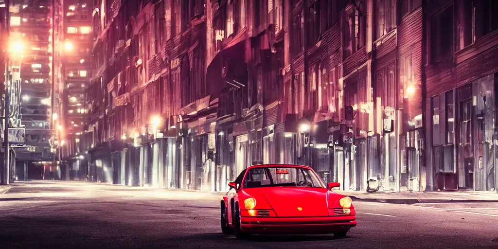 Image similar to Lone 80s red Porsche sports car on deserted city street at night time, purple lighted street, wide angle, cinematic, retro-wave vibes, grainy, soft motion blur, VHS Screencap