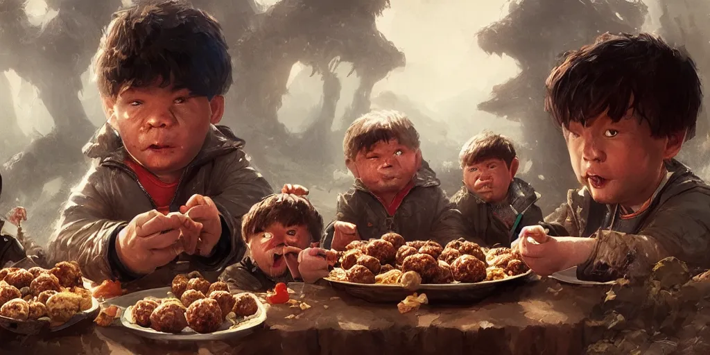 Prompt: the goonies but they just eat meatballs everywhere, Greg Rutkowski, Darek Zabrocki, Karlkka, Jayison Devadas, Phuoc Quan, trending on Artstation, 8K, ultra wide angle, pincushion lens effect.