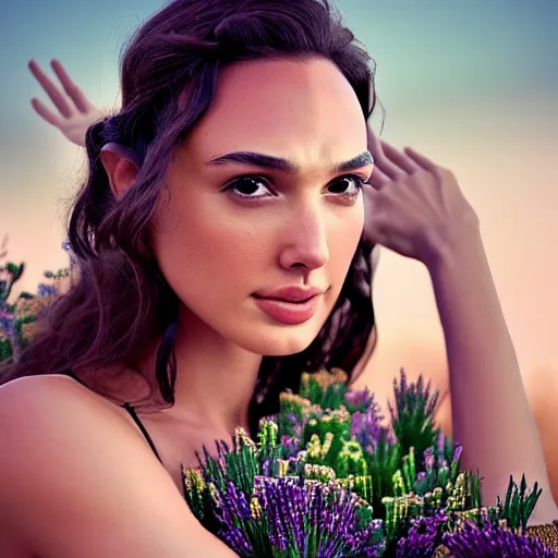 Image similar to photo of the beauty gal gadot, she is posing while maintain a sweet eye contact to the camera, she has a crown of flowers, the photo was taken at sunset with a bokeh effect, photo by edward steichen, photorealistic, matte painting, hyper realistic, 4 k, 8 k, cinematic composition, hd, highly detailed, trending on artstation