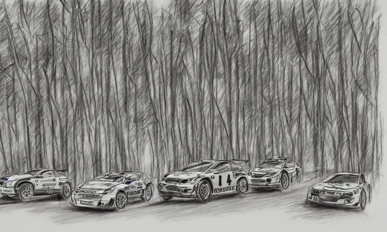 Prompt: 3 rally cars racing through a forest with a river behind them, sun shining through the trees, pencil sketch,