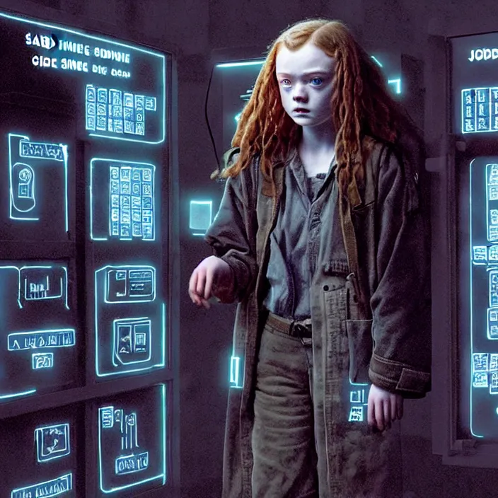Image similar to sadie sink as a miner in a minimalist automated kiosk with options to choose from. storyboard, scifi cyberpunk. by gabriel hardman, joe alves, chris bonura. cinematic atmosphere, detailed and intricate, perfect anatomy