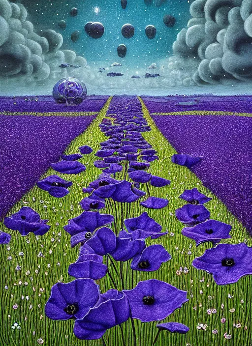 Image similar to detailed, intricate blue black and purple papaverum flower on the field, nebula, galaxy in the sky, winning award masterpiece, fantastically beautiful, illustration, aestheticly inspired, jacek yerka, upscale with anguissola sofonisba work, artstation, 8 k