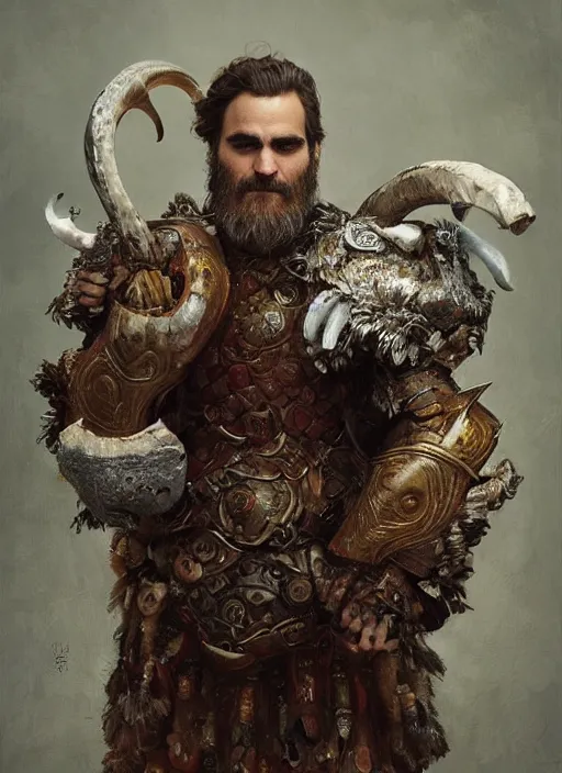 Prompt: joaquin phoenix with an armor made of animals, cow horns, pig nose, sheep wool, chicken feather armor, majestic, by anna podedworna, by miklos ligeti, by diego maricato, by taran fiddler, by antonino truisi, by chris reddie, by jinsung lim, trending on artstation