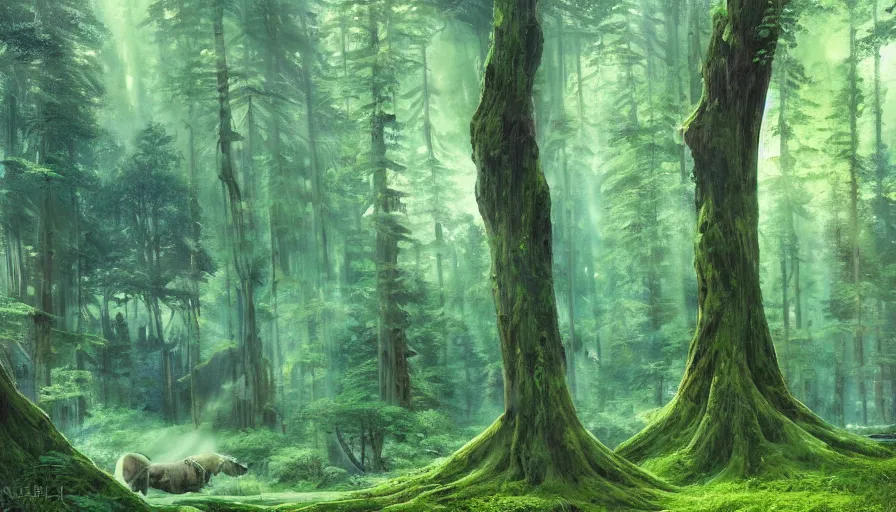 Image similar to beautiful ancient forest, matte painting, beautifully painted, beautiful lighting, enchanted forest, jeremy lipking, studio ghibli, princess mononoke, 8 k, rays of light, amazing detail, princess mononoke background paintings, hayao miyazaki, kazuo oga, enchanted lighting, high contrast, rule of thirds, bright green moss, japanese woodblock prints