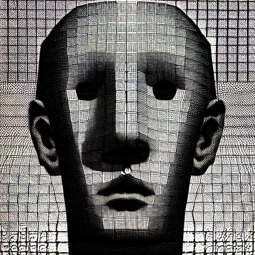 Prompt: grainy halftone effect super conceptual post - mortem monumental abstract portrait made by escher and william blake, highly conceptual figurative art, intricate detailed illustration, illustration sharp geometrical detail, vector sharp graphic, controversial, manga 1 9 9 0