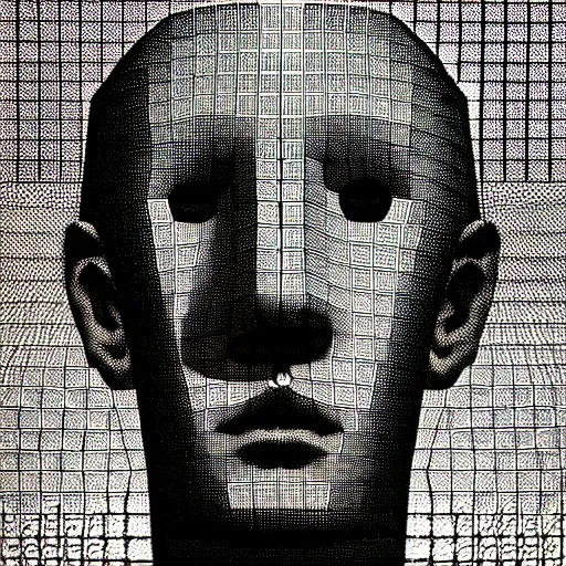 Image similar to grainy halftone effect super conceptual post - mortem monumental abstract portrait made by escher and william blake, highly conceptual figurative art, intricate detailed illustration, illustration sharp geometrical detail, vector sharp graphic, controversial, manga 1 9 9 0