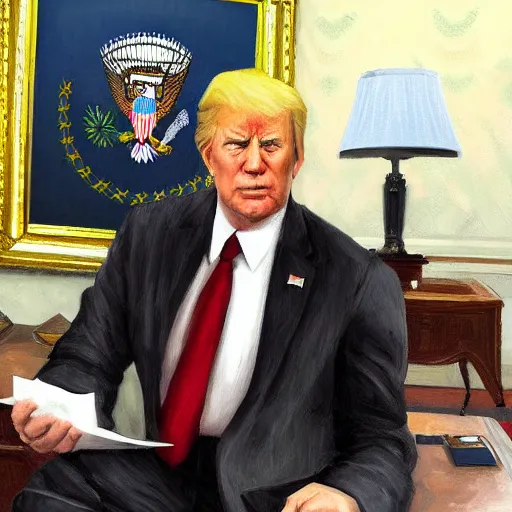 Prompt: senator armstrong!!!!!!!!!!! from metal gear rising revengeance!!!!!!!! sitting behind resolute desk, oil painting, presidential portrait, oval office