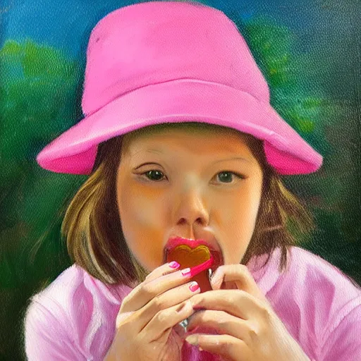 Prompt: A cute girl blowing gum in her mouth, wearing a pink hat, oil painting