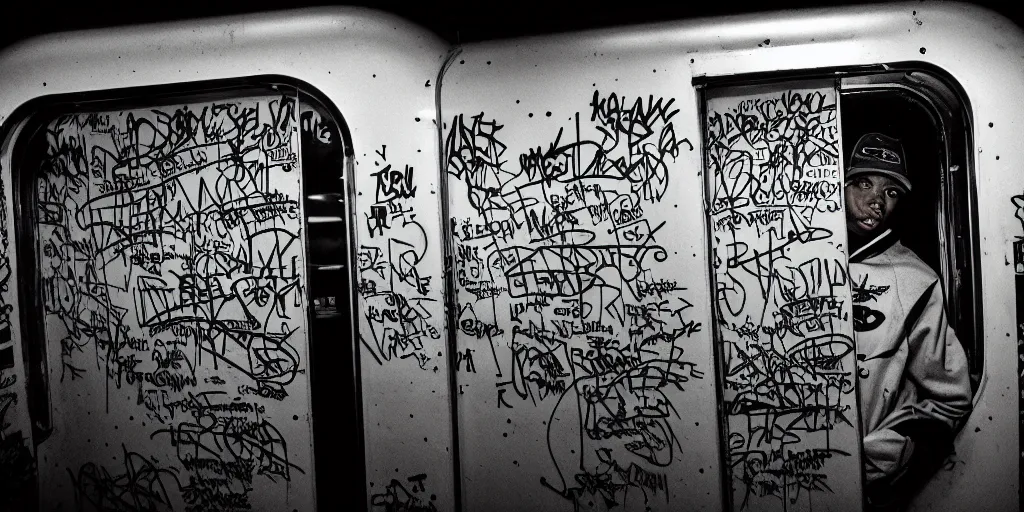 Image similar to subway cabin inside all in graffiti, man in stussy jacket closeup writing graffiti, night, film photography, exposed b & w photography, christopher morris photography