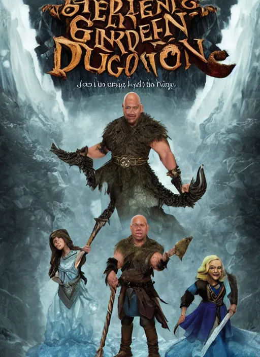 Prompt: movie poster with vin diesel as gnome bard, steve buscemi as dark barbarian lord, margot robbie as forest druid, meryl streep as ice queen of the north and samuel l. jackson as cleric in the new dunegons & dragons style movie, greg rutkoski, fantasy, dnd, artstation, cinematic