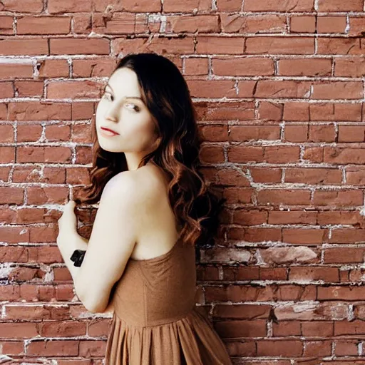 Prompt: a photo of a beautiful brown hair woman in a sun dress in a studio, an industrial studio with large windows and red brick walls, medium shot, 85mm lens, Kodak Portra 400 film, trending on Instagram