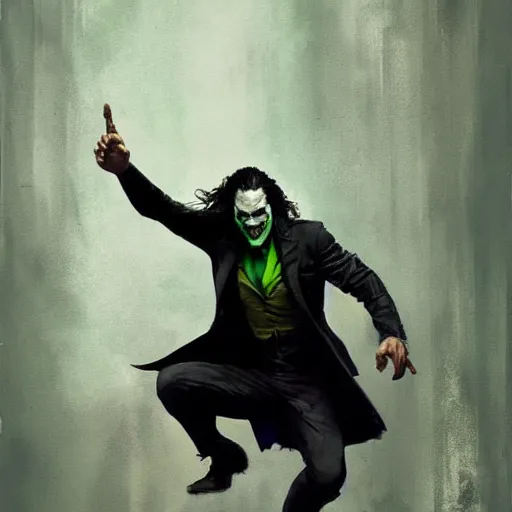 Image similar to jason momoa as joker, full body, dynamic pose, painted by greg rutkowski