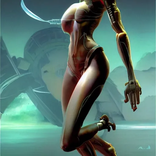 Image similar to beautiful female android by peter andrew jones and akihiko yoshida, rule of thirds, seductive look, beautiful