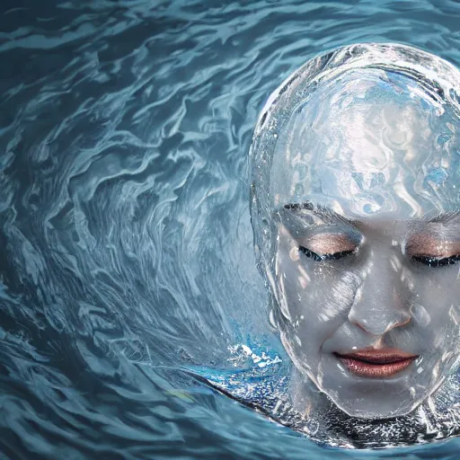Prompt: water artwork manipulation in the shape of a human head, on the ocean water, ray tracing, realistic water sharp focus, long shot, 8 k resolution, cinematic, surreal