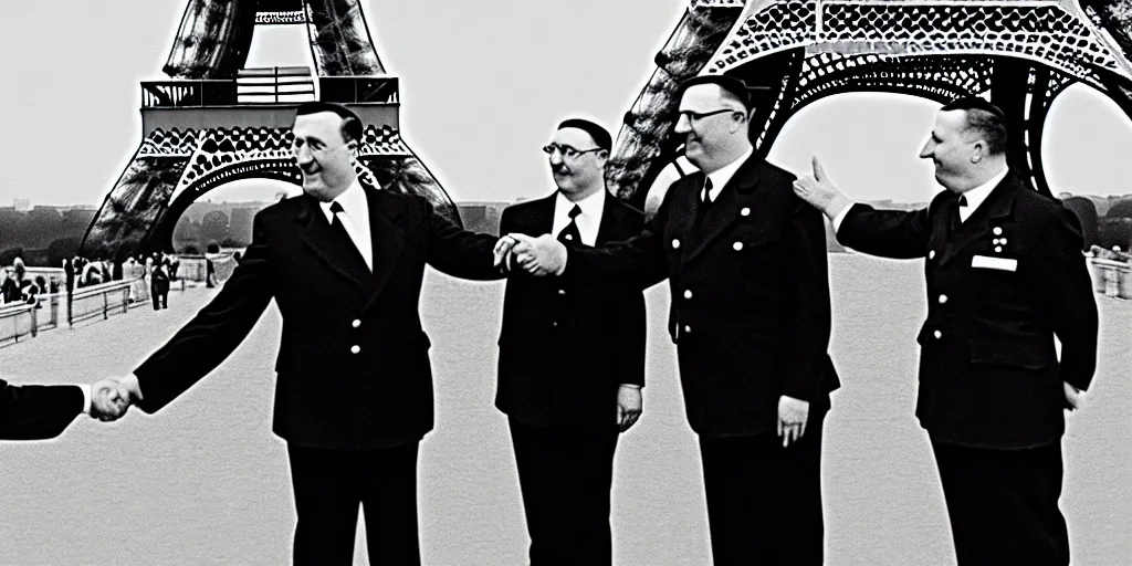 Prompt: minion shaking adolf hitlers hand in front of the eiffel tower, black and white, hyper realistic, award winning photo