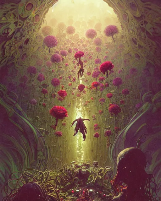 Image similar to the platonic ideal of flowers, rotting, insects and praying of cletus kasady carnage davinci dementor chtulu mandelbulb mandala ponyo botw dinotopia the witcher, fantasy, ego death, decay, dmt, psilocybin, concept art by greg rutkowski and simon stalenhag and alphonse mucha