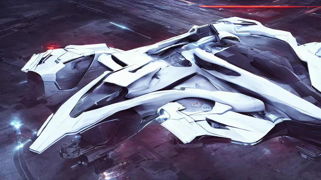 Image similar to futuristic flying spacecraft, daniel simon influenced, aggressive styling, sports car livery and graphics, transparent plastic wings, unreal engine, cinematic camera, blizzard cinematic, daytime