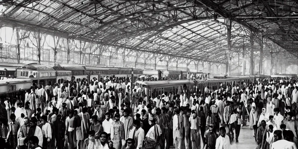 Image similar to establishing shot, interior of an indian railway station, bustling with people, sharp focus, aesthetic