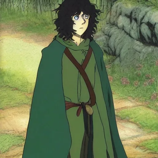 Image similar to peregrin took from the anime lord of the rings (1986), dark hair, green cape, hobbit, studio ghibli, very detailed, realistic