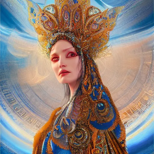 Image similar to a beautiful woman wearing a blue kaftan made of silk with golden ornaments by alex gray and android jones , Karol Bak, Ayami Kojima, Amano , concept art, character design, fantasy,3D, 8k resolution