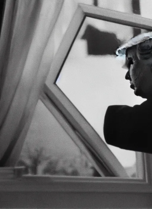 Image similar to screenshot from moody scene of Donald Trump looking out window, in High and Low, 1963 film directed by Akira Kurosawa, kodak film stock, black and white, anamorphic lens, 4K, detailed, stunning cinematography and composition shot by Takao Saito, 70mm