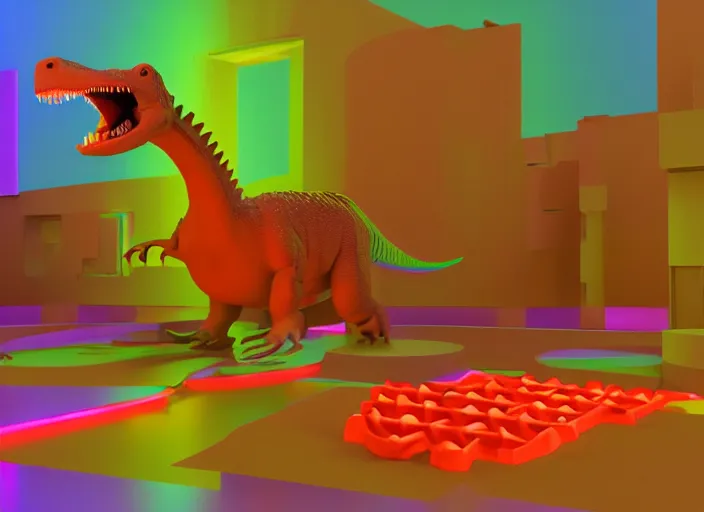 Prompt: a cinema 4 d render of a dinosaur made out of waffles barbecuing chewing gum. in a room with neon rainbow color drapes. outside the window a anachronism noir future.