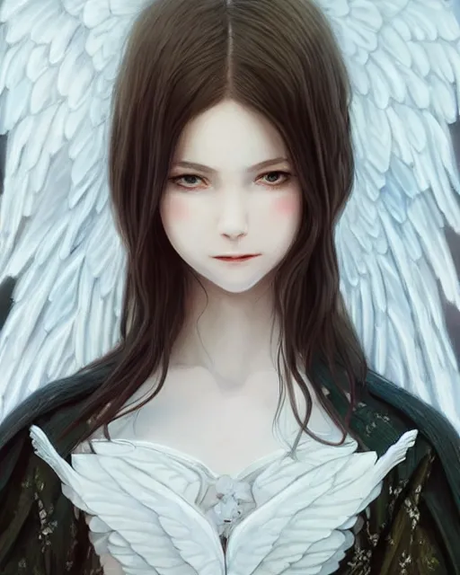 Image similar to an infinitely detailed portrait of a frail and pale female peace angel fully clothed. elegant clothes full - body, beautiful! scenery art!! coherent! by wlop & murata range, by ilya kuvshinov. victorian armor. artstation!! / pixiv!! elegantly armored angel portrait full - body, dreamy art