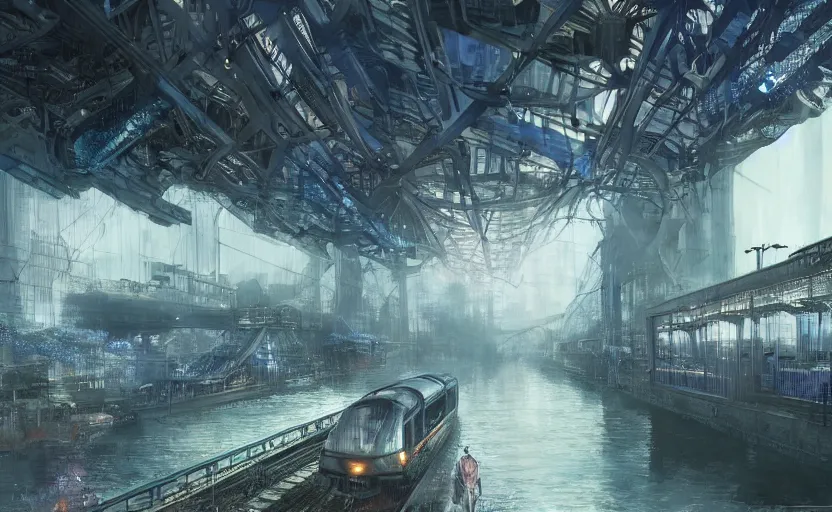 Image similar to An urban train rides inside of a waterway on a fantasy city, hyperrealistic mixed media, stunning 3d render inspired art by P. Craig Russell and Barry Windsor-Smith + perfect facial symmetry + dim volumetric lighting, 8k octane beautifully detailed render, post-processing, extremely hyperdetailed, intricate futuristic mechanic parts, epic composition, grim yet sparkling atmosphere, cinematic lighting + masterpiece, trending on artstation