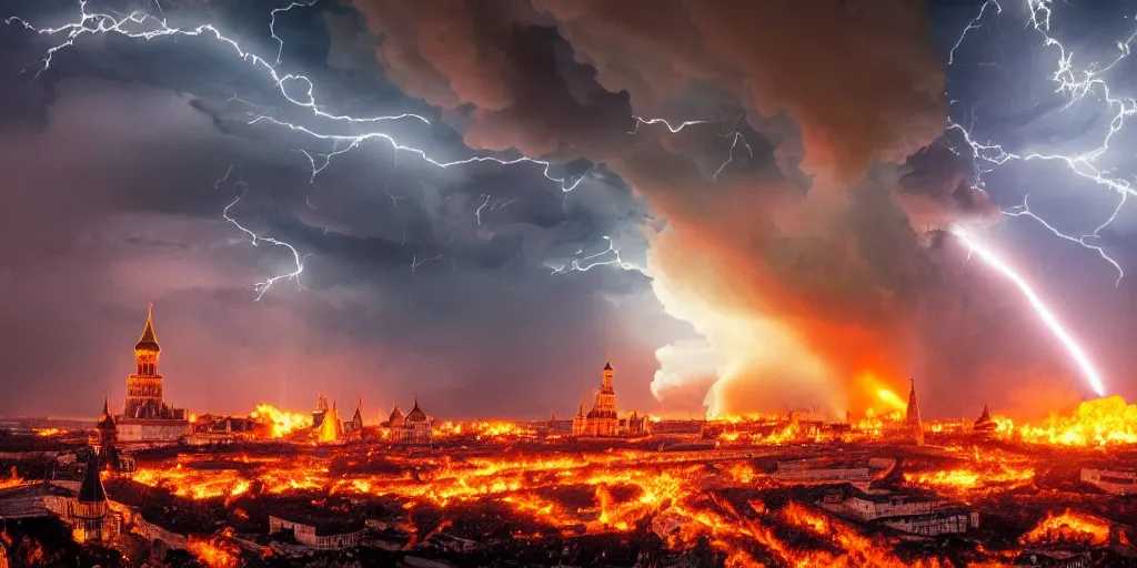 Prompt: a massive nuclear strike on Kremlin, nuclear mushroom, lots of fire, people are panicking, dark atmosphere, Kremlin towers are destroyed, lightning, epic lighting, high detailed, 4k post-processing highly detailed, award winning photo