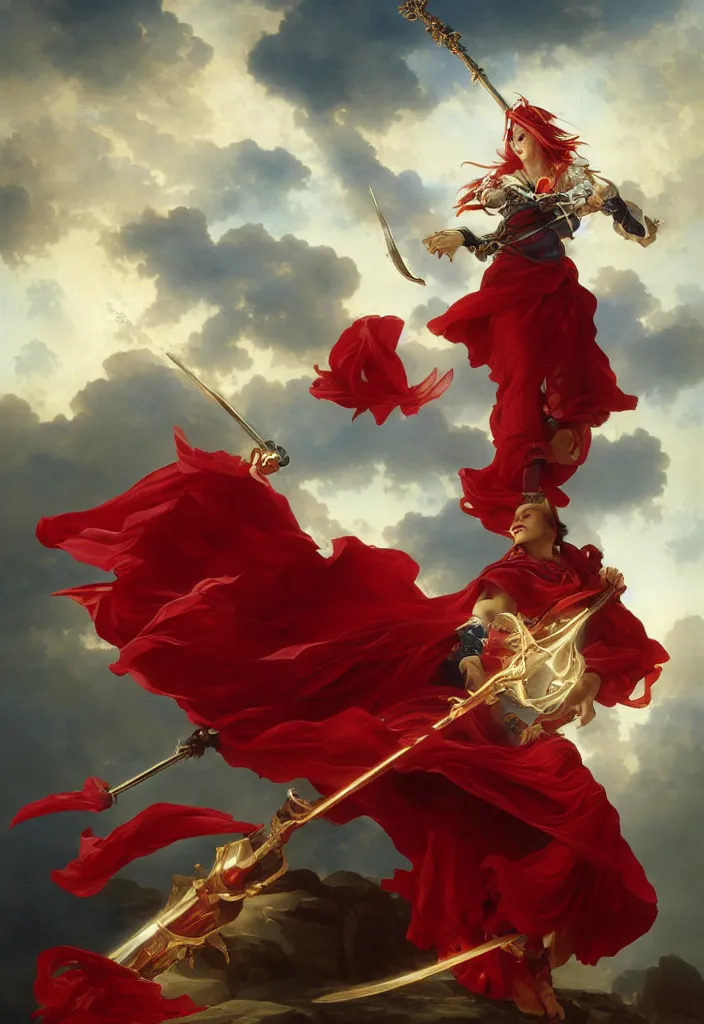 Prompt: A boisterous Red Mage wearing striped shining armor holding a staff of power surrounded by an epic cloudscape. The Magus Omega . Red Wizard. Morpheus. masterpiece. 4k digital illustration. by Ruan Jia and Artgerm and Andreas Rocha and William-Adolphe Bouguereau and Edmund Blair Leighton. award winning, Artstation, intricate details, realistic, Hyperdetailed, 8k resolution. Concept Painting. Key Art