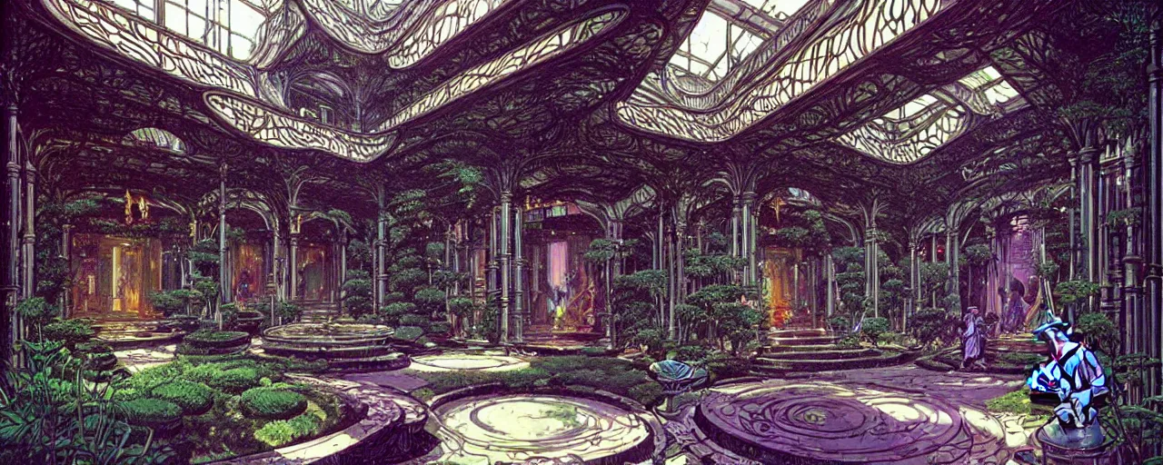 Image similar to a luxurious scifi futuristic victorian garden courtyard by killian eng, moebius, philippe druillet